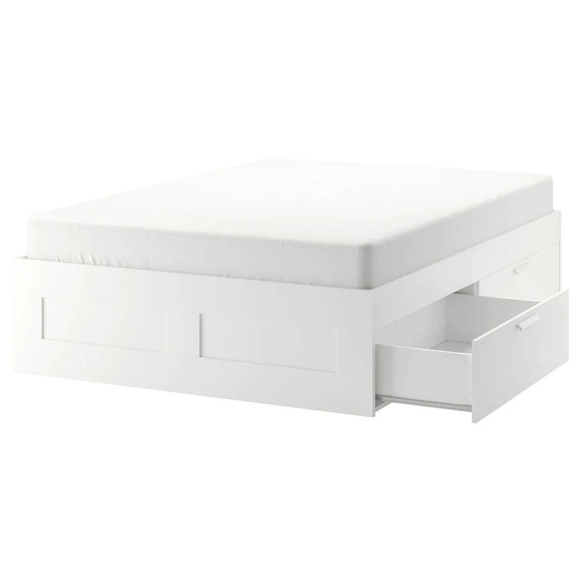 BRIMNES Bed frame with storage - white/Lönset Standard Double