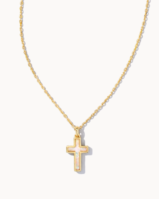Cross Gold Pendant Necklace in White Kyocera Opal | Kendra Scott