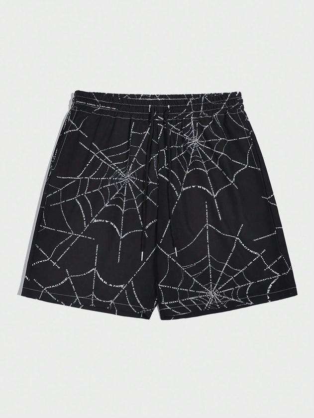 ROMWE Goth Men Spider Web Print Drawstring Waist Shorts