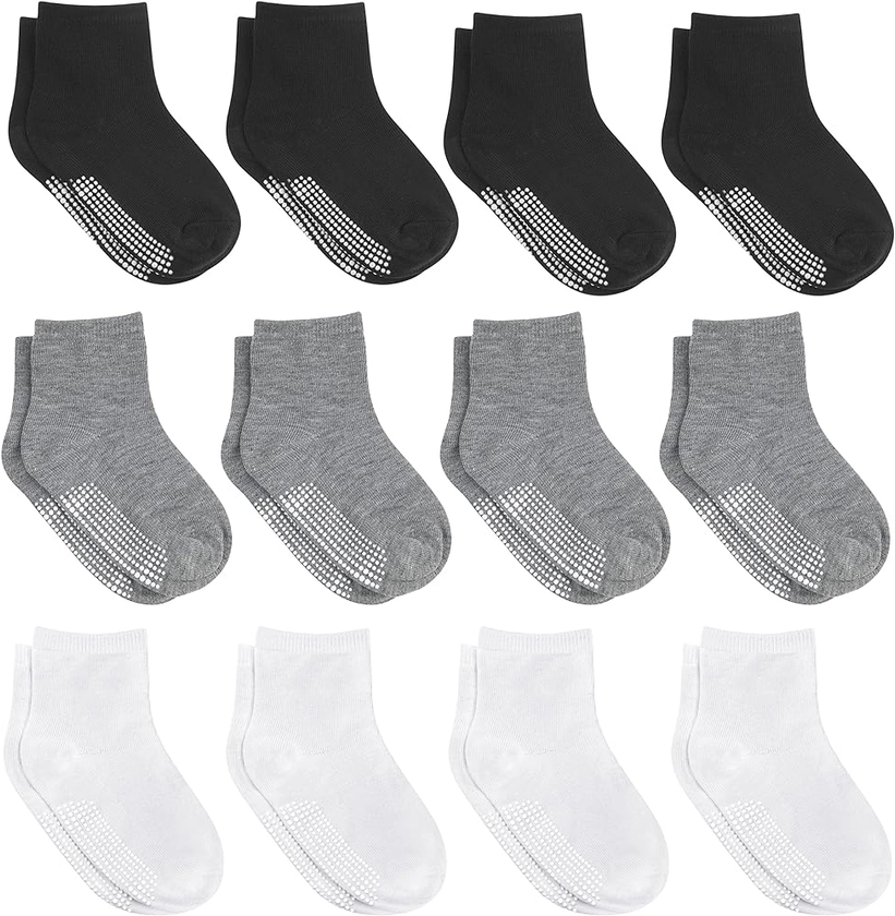 Debra Weitzner 12 Pairs Non-Slip Toddler Socks With Grips for Baby Boys and Girls-Anti-Slip Crew Socks for Infant's and Kids