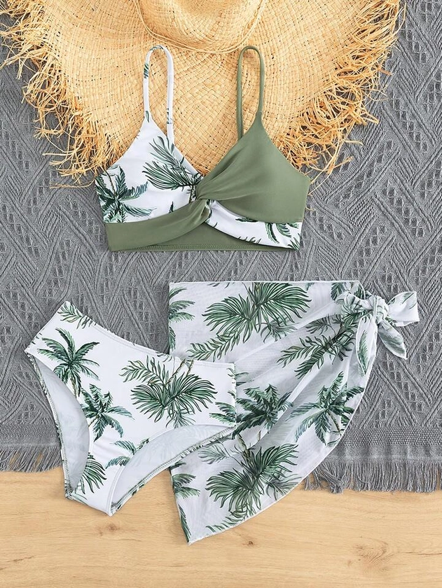 Teen Girl Tropical Print Bikini Swimsuit With Beach Skirt