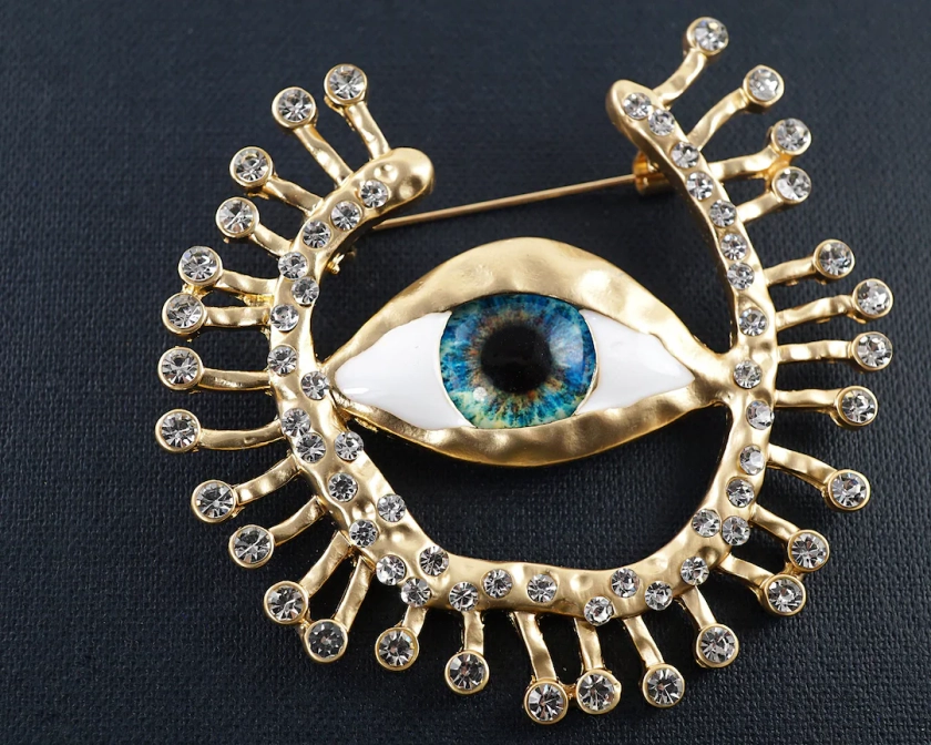 Stunning Eye Brooch, Luxury Blue Eyeball Pin, Vintage Magic Eye with Gold Eyelashes Rhinestone