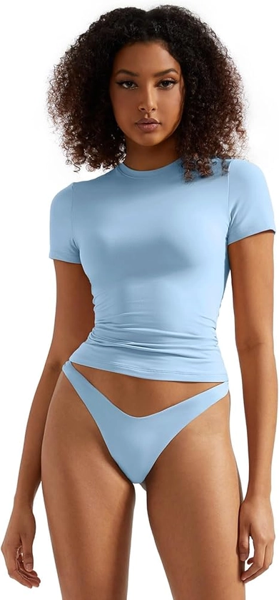 SUUKSESS Women Double Lined Fitted Basic Tee Shirts Crew Neck Short Sleeve Y2K Going Out Crop Tops (Sky Blue, M) at Amazon Women’s Clothing store