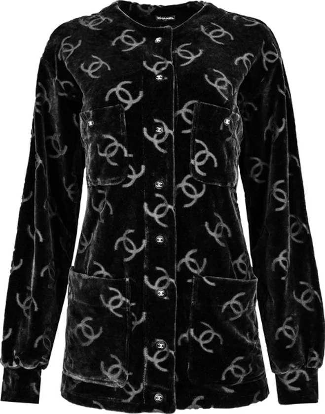 Chanel Black Velour Logo Spring 1996 Runway Jacket