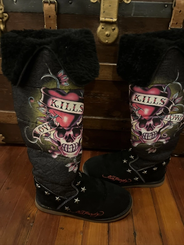 ED HARDY~LOVE KILLS SLOWLY~SHEARLING LINED BLACK SUEDE GOTH TALL BOOTS Size 7