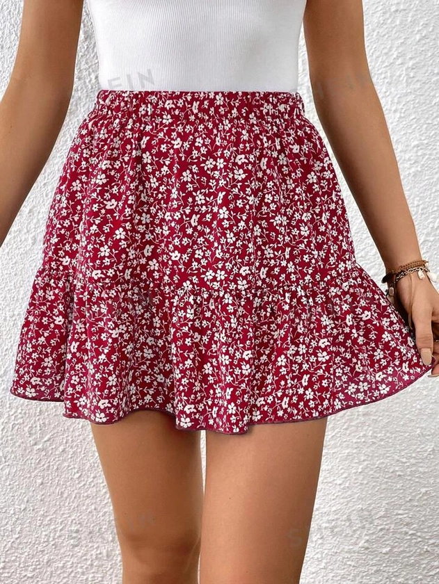 SHEIN VCAY Women's Small Flower Printed Elastic Waist Ruffled Hem Skirt | SHEIN USA