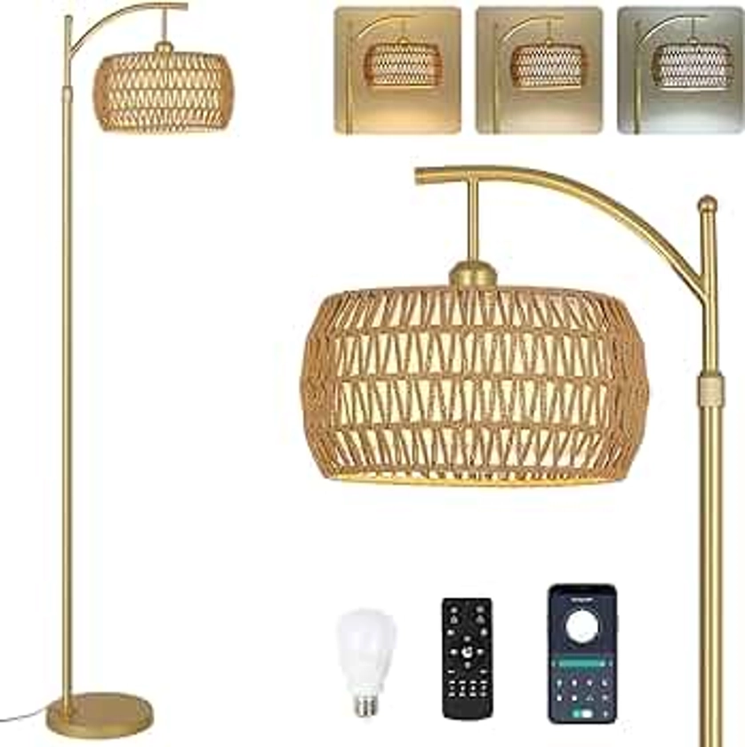 Arc Floor Lamp with 3 Color Temperatures, LED Gold Floor Lamp with Remote & Stepless Dimmable Bulb, Boho Standing Lamp with Rattan & Fabric Shades, Farmhouse Tall Lamp for Living Room Bedroom