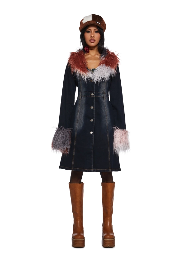 Delia's Indie Washed Stretchy Denim Faux Fur Coat - Multi