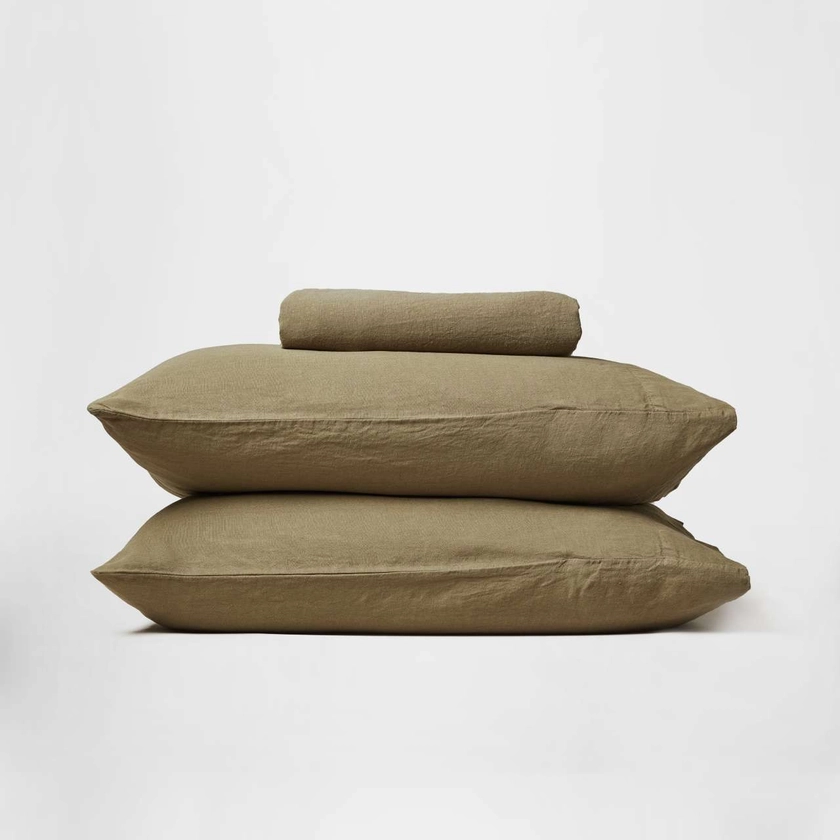 Flax Linen Fitted Sheet & Pillowcases - Full, Olive Green