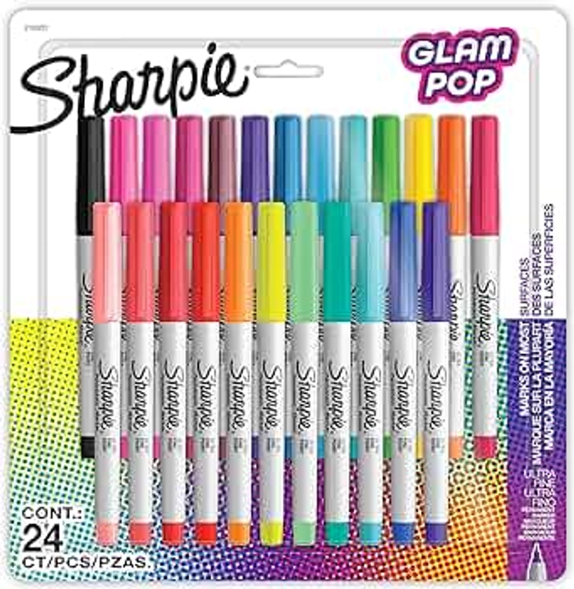 Sharpie Glam Pop Permanent Markers, Ultra Fine Tip Marker Set, Coloring Markers, Art Markers, Drawing Markers, Writing Markers, Resilient Ink, Assorted Colors, 24 Count