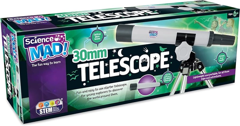 Science Mad 30mm Telescope For Kids - Fun and Easy Starter Telescope to Help Learn and Discover The World - Features Portable, Lightweight, Handheld Scope Option, 6+ Years