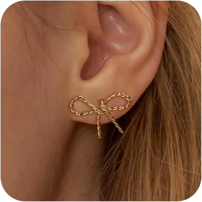 Plucar Bow Earrings Gold Earrings for Women - Stud Earrings for Women Hypoallergenic Earrings for Women Trendy Gold Jewelry Gift Gold Stud Earrings with Pearl | Wave | Twisted Rope | Zircon Flat Back Stud Earrings Cute Earrings