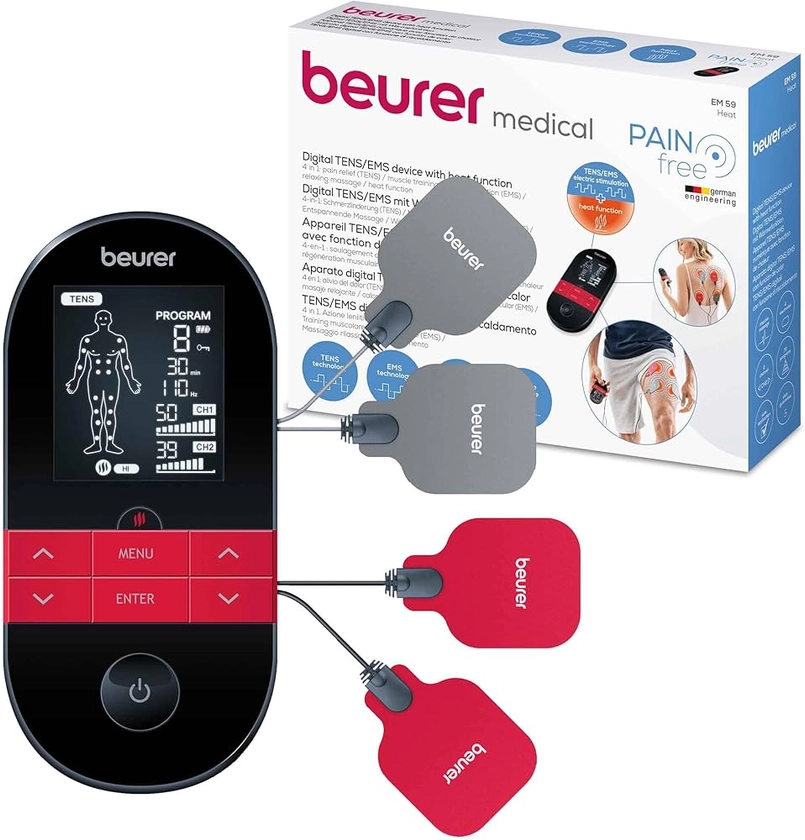 Beurer EM 59 Appareil numérique TENS/EMS, stimulation électrique 4-en-1 pour la thérapie de la douleur, la stimulation musculaire, le massage et la, Noir thermothérapie, avec 4 électrodes et batterie : Amazon.fr: Hygiène et Santé