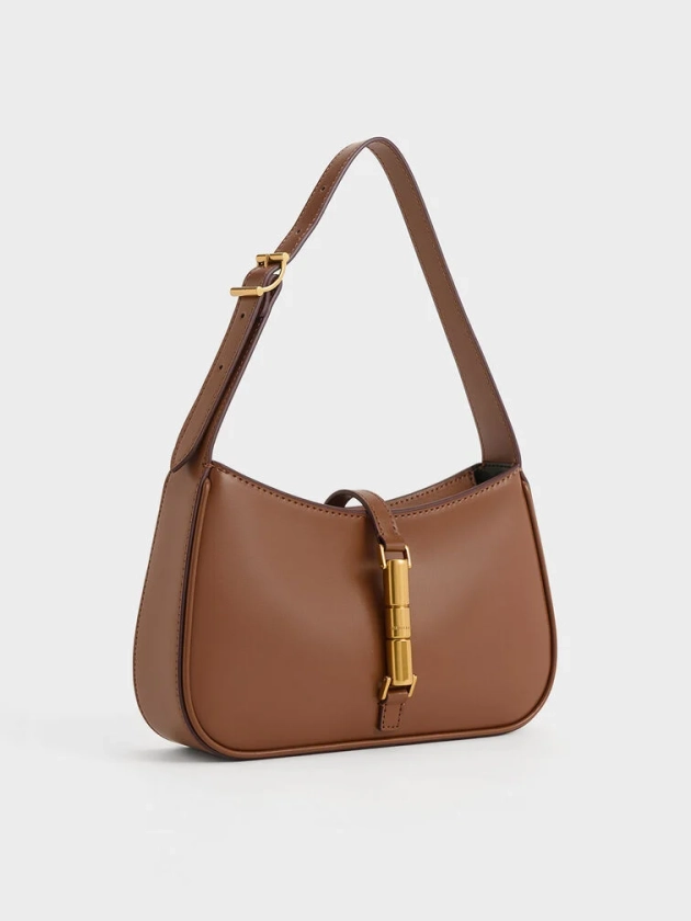 Chocolate Cesia Metallic Accent Shoulder Bag | CHARLES & KEITH UK