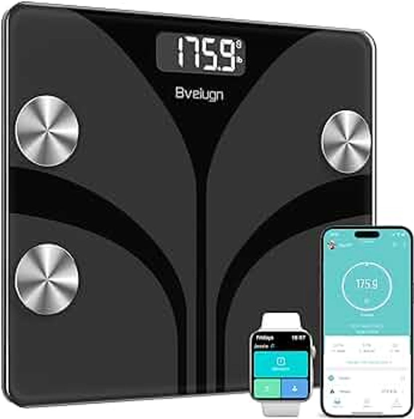 Scale for Body Weight, Bveiugn Digital Bathroom Smart Scale LED Display, 13 Body Composition Analyzer Sync Weight Scale BMI Health Monitor Sync Apps 400lbs - Black