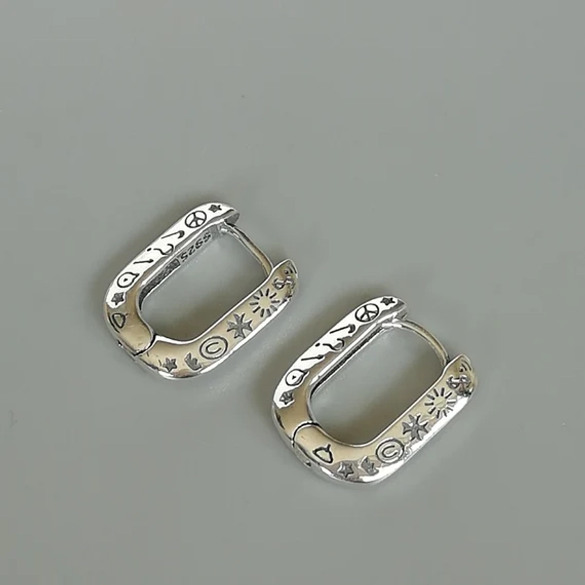 Sterling silver rectangle hoops with symbols | Engraved hoops | Bohemian ear hoops | Hoop earrings  | Silver jewelry gifts | ESTBS
