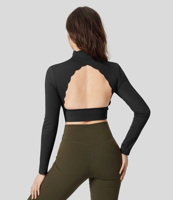 Softlyzero™ Plush Backless Cut Out Stand Collar Long Sleeve Scallop Trim Cropped Yoga Sports Top-UPF50+