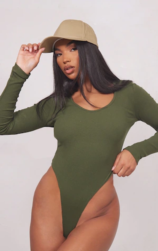 Basic Khaki Rib V Neck Long Sleeve Bodysuit