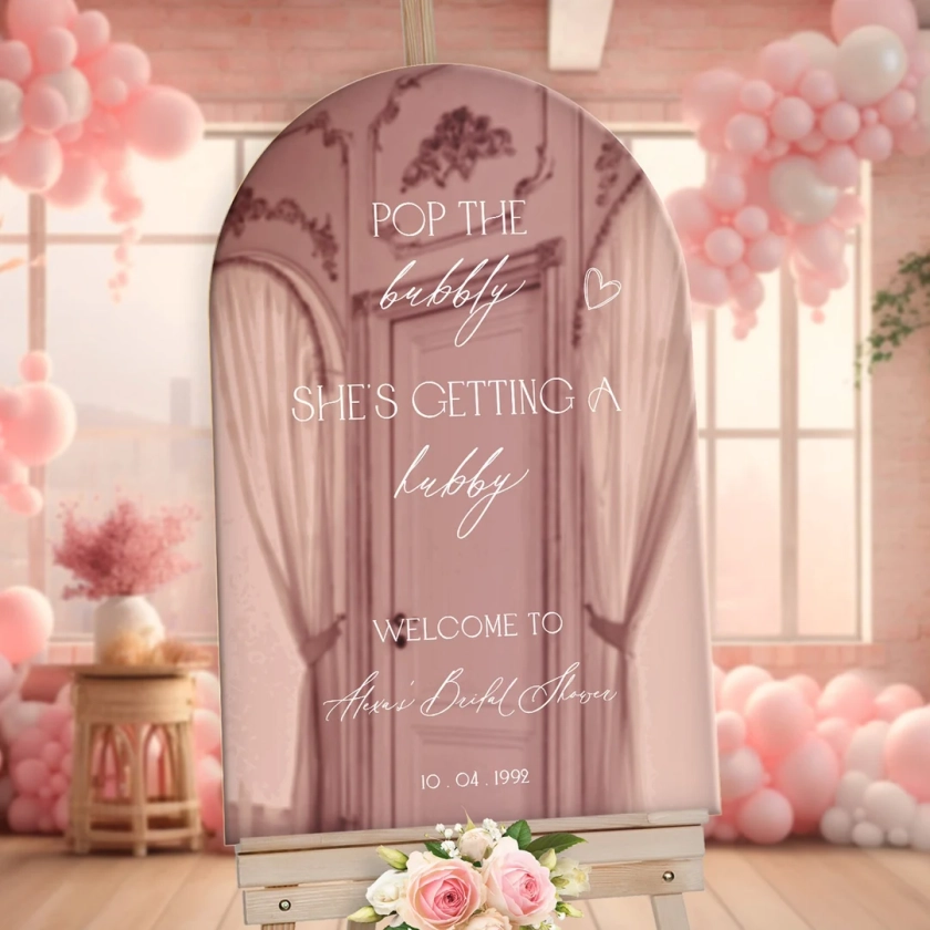 Mirror Bridal Shower Sign, Pop The Bubbly She’s Getting A Hubby Bridal Shower Sign, Personalized Rose Gold Bridal Shower Mirror Sign