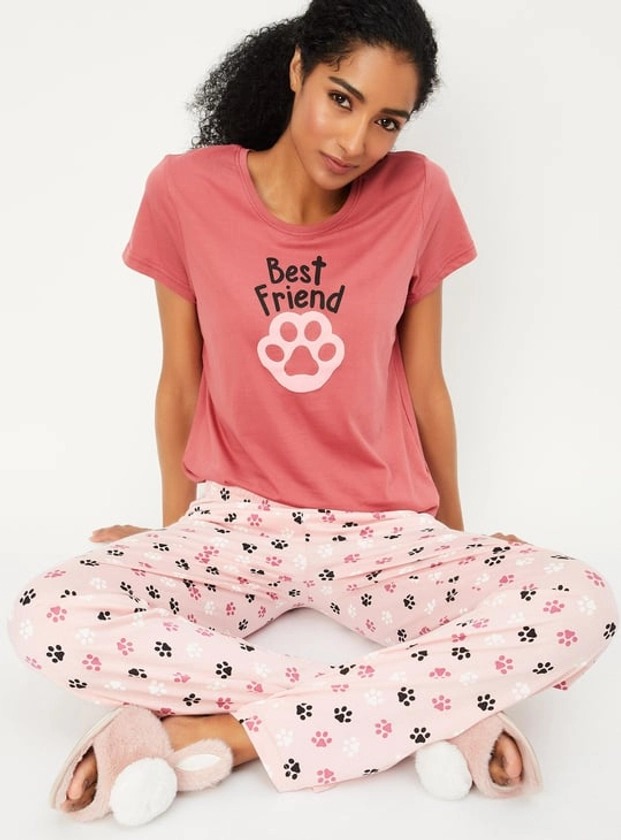 Women Printed Round Neck T-shirt with Elasticated Pyjamas