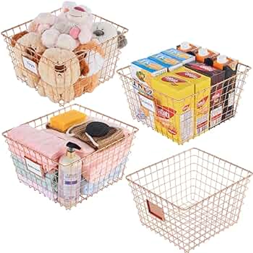 4 Pack【Extra Large】Wire Handmade Storage Basket for Organizing Household Goods,Pantry Organization,Bathroom countertop,Laundry,Wardrobe Storage Basket,Rose Gold