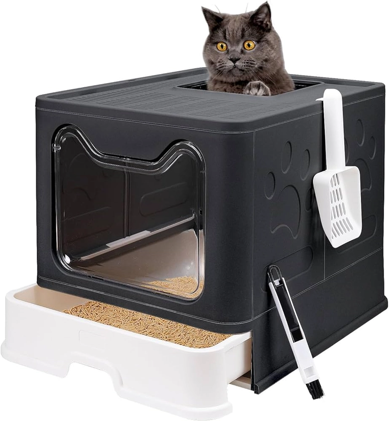 Foldable Cat Litter Box with Lid, Enclosed Cat Potty, Top Entry Anti-Splashing Cat Toilet, Easy to Clean Including Cat Litter Scoop and 2-1 Cleaning Brush (Black) Large