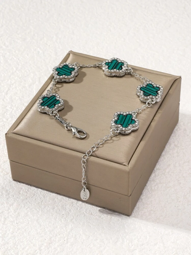 1pc Fashionable & Elegant Green Clover Shaped Crystal Inlaid Women's Bracelet (without Packaging Box)