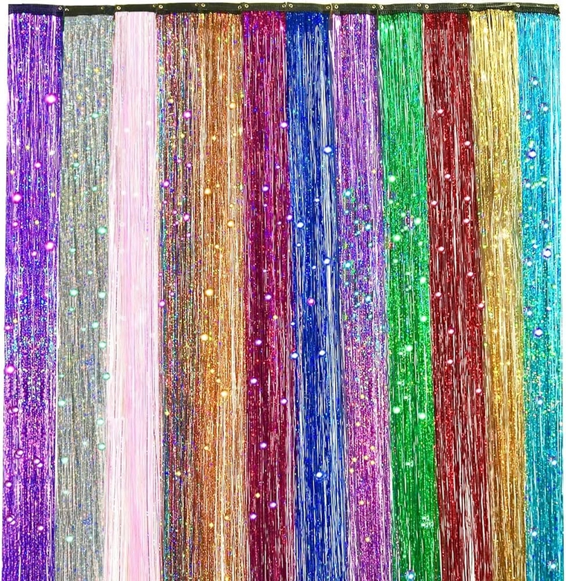 Clip In Hair Tinsel, Fairy Hair Tinsel Kit 12PCS 24 Inches Glitter Colorful Clip On Tinsel Hair Extensions for Girls Hair Accessories Party (12Colors, 24 Inches Clip In Hair Tinsel)