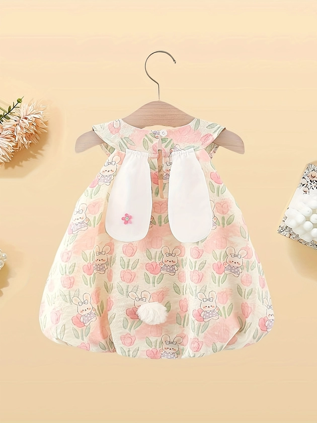 Baby's Adorable Rabbit Ears & Tail Decor Flower Pattern Halter Neck Dress & Carrot Bag, Infant & Toddler Girl's Clothing For Daily Wear/Holiday/Party, As Gift