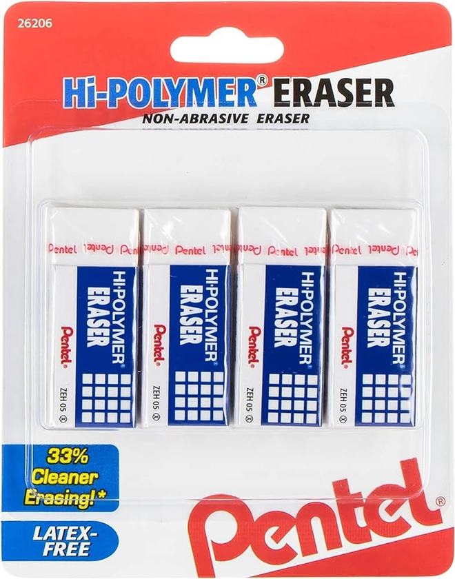 Amazon.com : Pentel Hi-Polymer Block Eraser Small White, 4 Count (Pack of 1) (ZEH05BP4) : Office Products