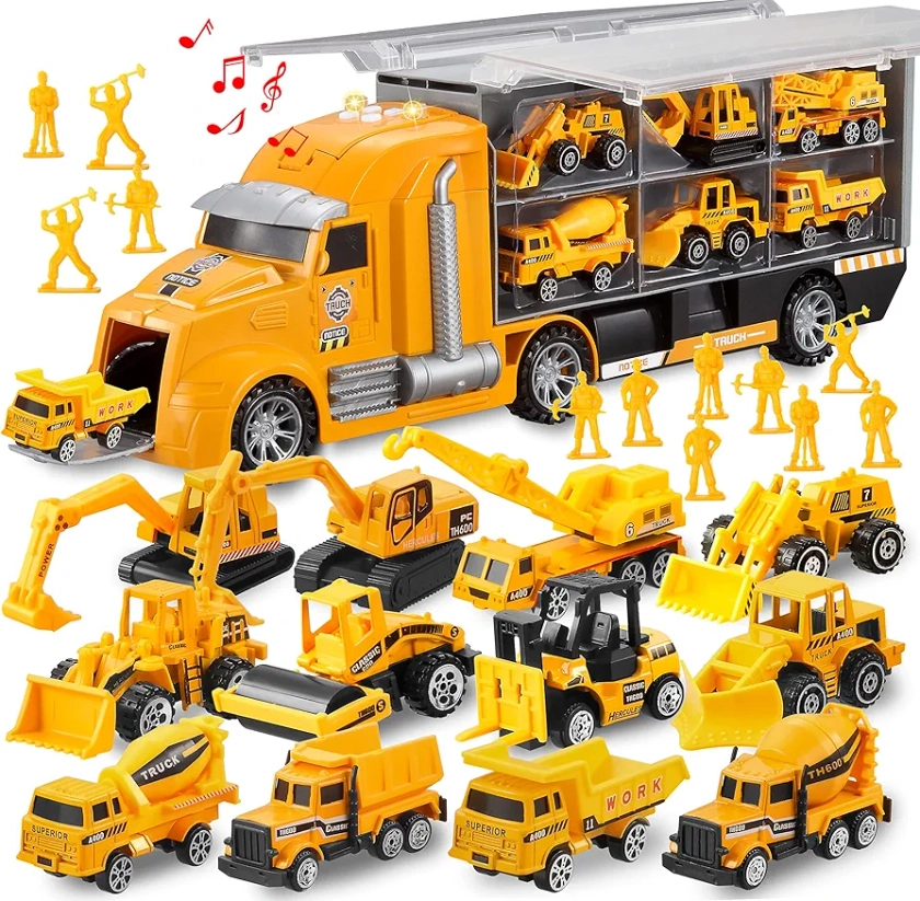 JOYIN 25 in 1 Die-cast Construction Play Vehicle Set, Vehicles with Sounds and Lights in Carrier Truck, Push and Go Car Toy, Kids Birthday Gifts for Over 3 Years Old Boys