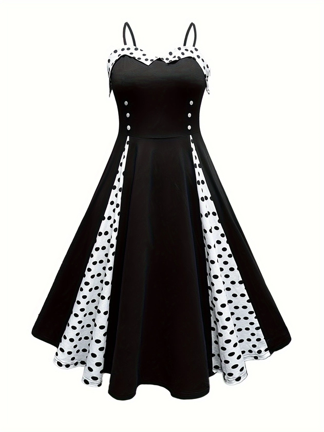 Plus Size Polka Dot Print Cami Dress, Casual Sleeveless Paneled Midi Dress, Women&#39;s Plus Size Clothing
