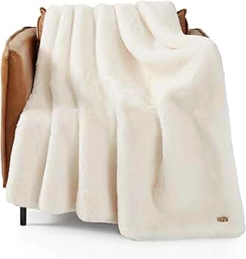 UGG 16796 Euphoria Plush Faux Fur Reversible Throw Blanket for Couch or Bed Luxury Hotel Style Machine Washable Soft Cozy Home Decor Fuzzy Fluffy Sofa Blanket, 70 x 50-Inch, Snow