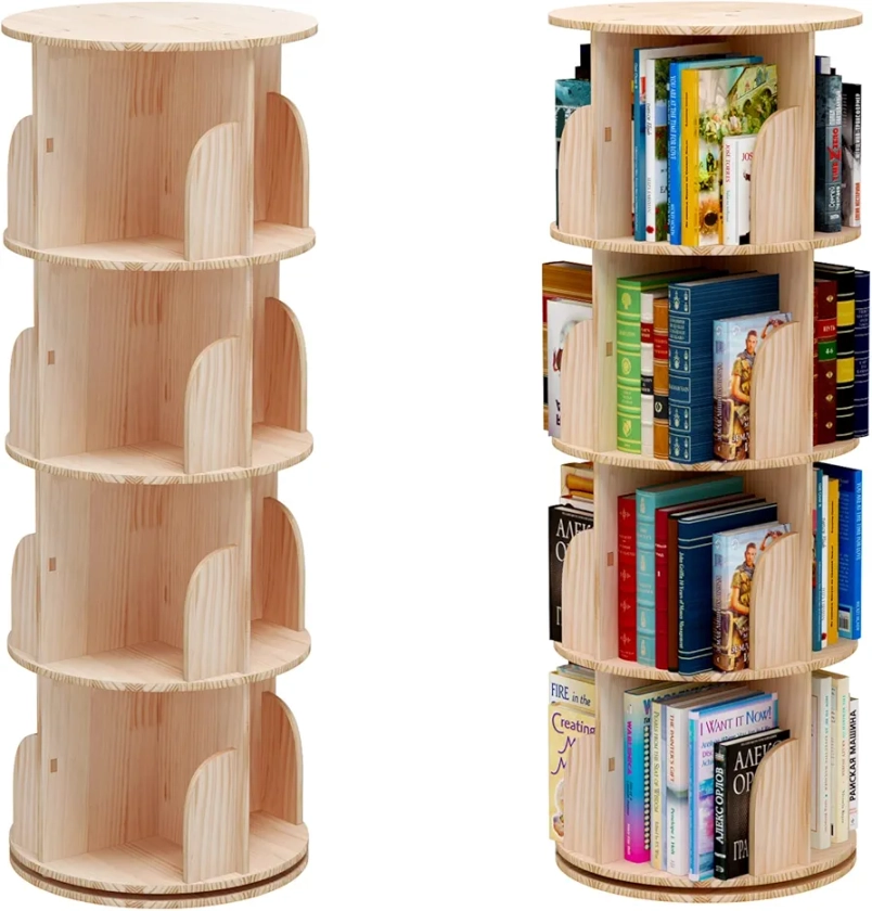 PTUWODS Drehbares Bücherregal, Standregal, 360 Grad, Lagerregal für Kinder und Erwachsene, multifunktionales Bücherregal Massivholz (4 böden)