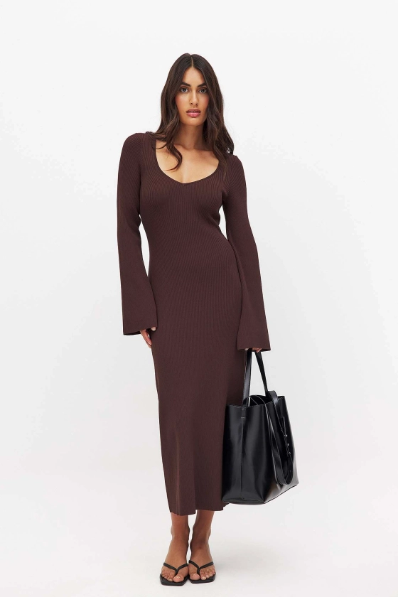 Fine Knitted Trumpet Sleeve Midi Dress Brun