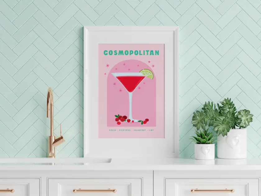 Cocktail Print, Cosmopolitan Pink Wall Art, Fun Bar Drinks Poster, Kitchen Prints, Gift For Her, Colourful Wall Hanging