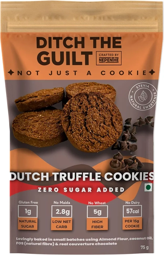 Sugar Free Cookies - Ditch The Guilt - Dutch Truffle Cookies (15g x 6 Cookies) - Almond Flour - Gluten Free - Stevia Sweetened - Low Net Carbs - 75g Pack : Amazon.in: Grocery & Gourmet Foods