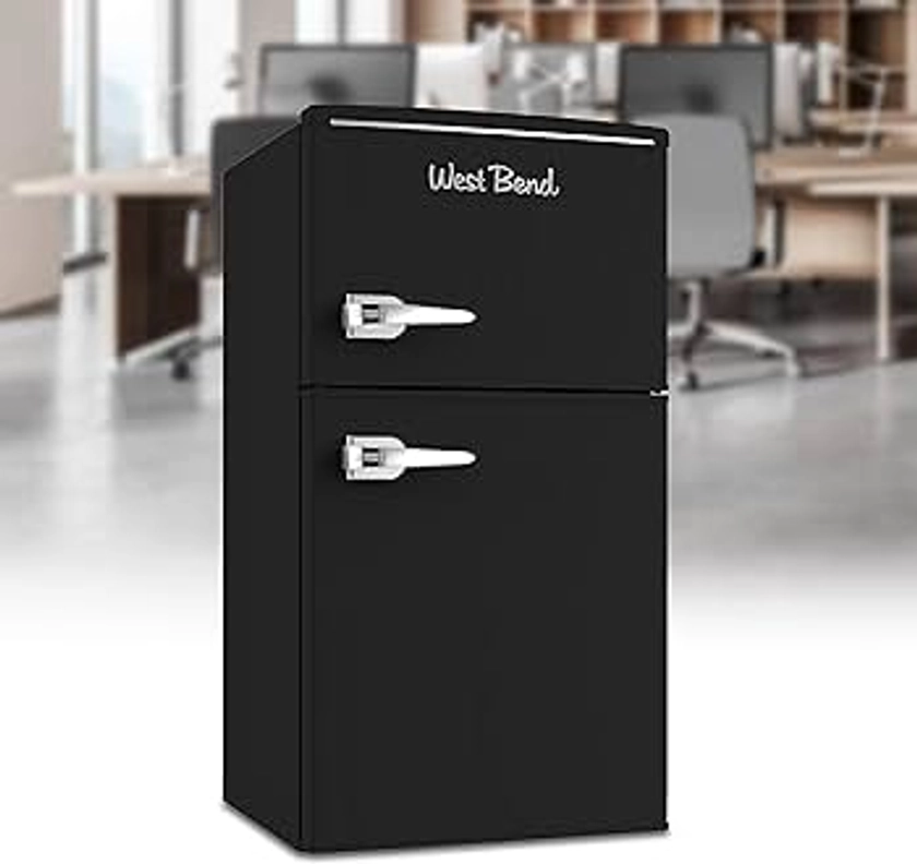 West Bend Mini Fridge with Freezer Retro-Styled for Home Office or Dorm, Manual Defrost and Adjustable Temperature, 3 Cu.Ft, Black