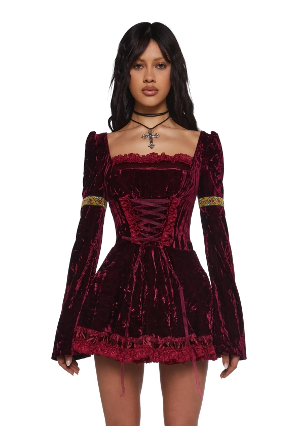 Current Mood Velour Embroidered Trim Mini Dress - Burgundy