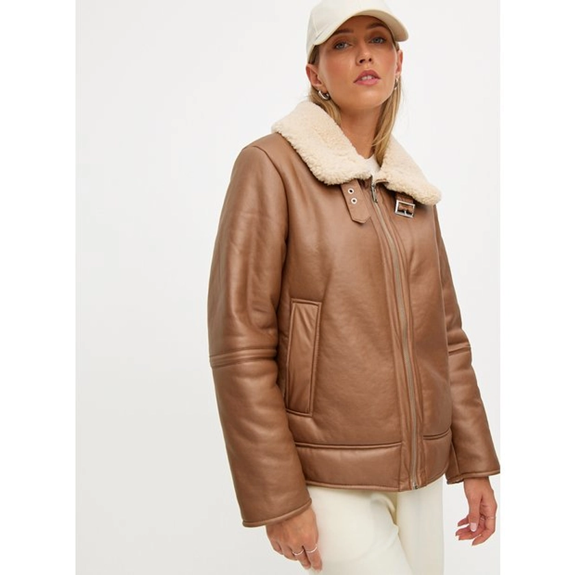 Buy Tan Faux Leather Shearling Biker Jacket 10 | Jackets | Tu