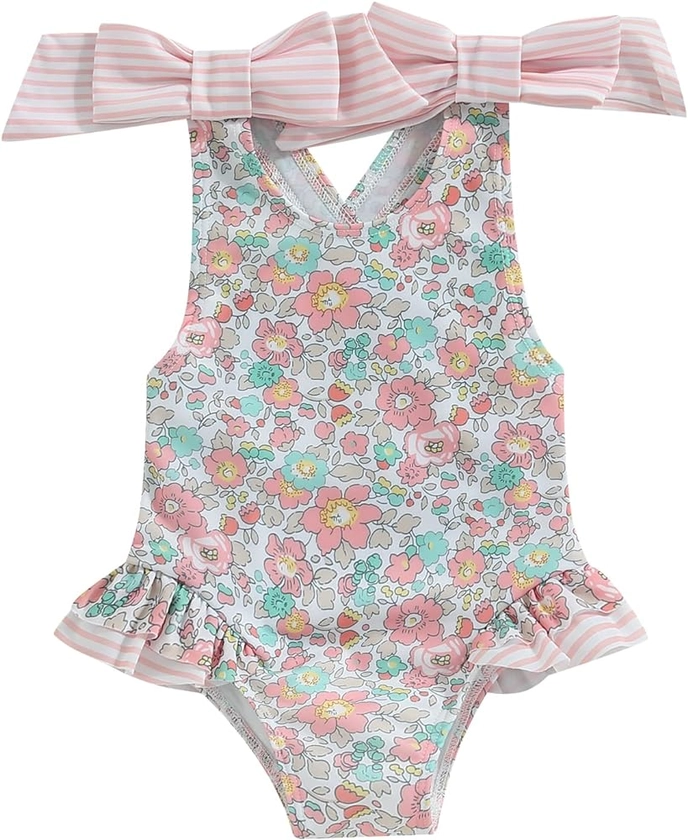Toddler Girls Strap One Piece Swimsuit Floral Sleeveless Backless Bathing Suit Ruffles Bowknot Swimwear Summer Beach Wear