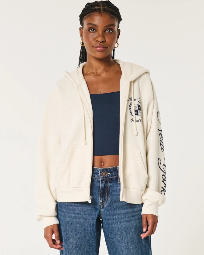 Women's Easy New York Social Club Graphic Zip-Up Hoodie | Women's Clearance | HollisterCo.com