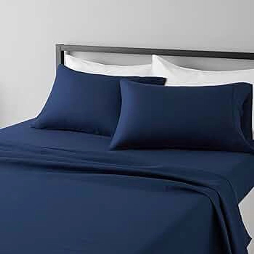 Amazon Basics Lightweight Super Soft Easy Care Microfiber 4-Piece Bed Sheet Set with 14-Inch Deep Pockets, Full, Navy Blue, Solid