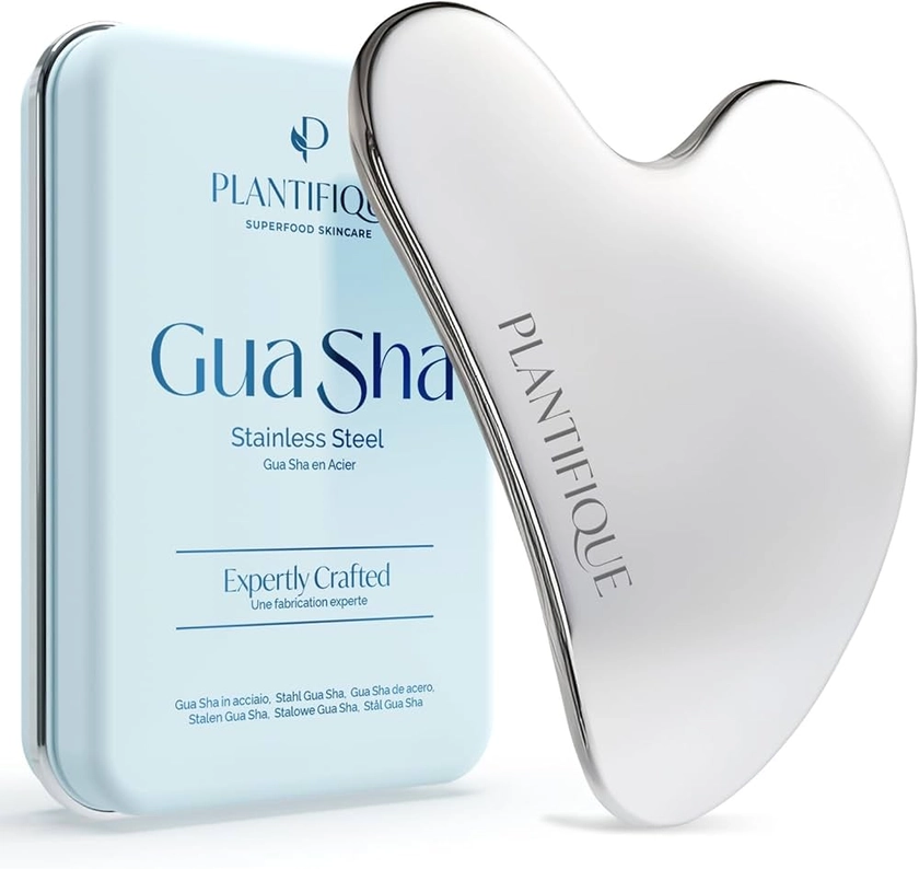 PLANTIFIQUE Gua Sha Métal pour Skincare et Soins pour le Visage - Guasha pour Visage Drainage Lymphatique - Gua Sha Acier Inoxydable pour Peau Radieuse - Double Menton Massage Visage et Gua Sha Corps