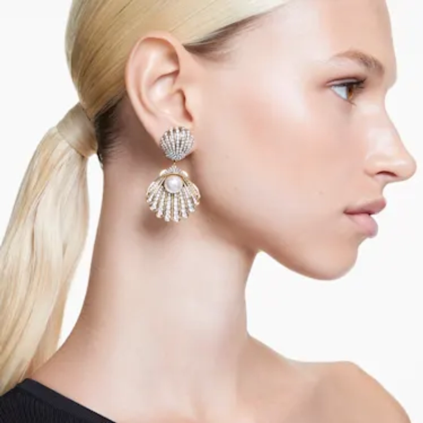Boucles d'oreilles clip Idyllia, Perle de cristal, Coquillage, Blanches, Placage de ton or par SWAROVSKI