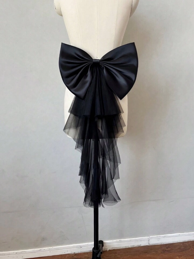 1pc White Satin Back Bow Decoration With Asymmetrical Mesh Streamers For Waist Halloween