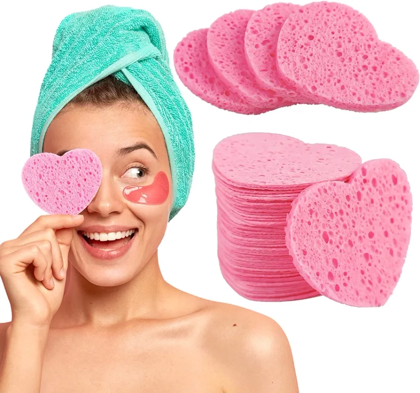 60-Count Compressed Facial Sponges for Washing Face Heart Shaped Face Sponge for Cleansing and Exfoliating Disposable Facial Sponges for Estheticians 100% Natural Reusable Heart Face Sponge Exfoliator