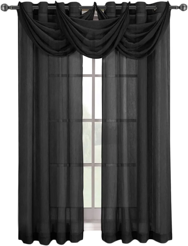 Royal Hotel Bedding Abri Black Waterfall Grommet Crushed Sheer Valance, 24x24 inches