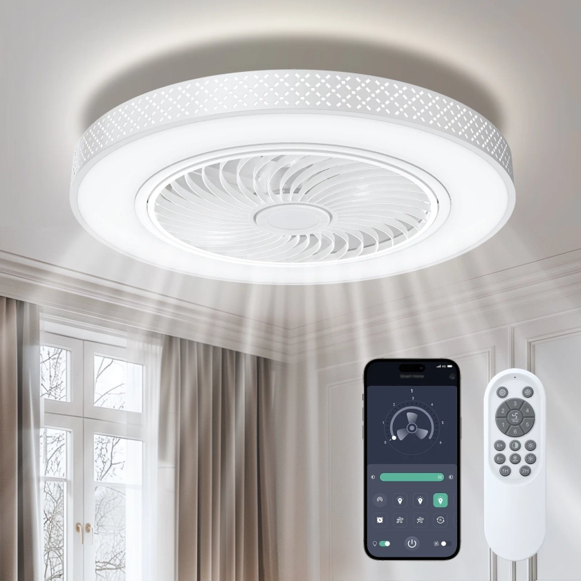 BLITZWILL 22 in Round Ceiling Fans with Lights, Dimmable Color Temperature and 6 Speeds, Remote & APP Control, Flush Mount Bladeless Reversible Motor, White