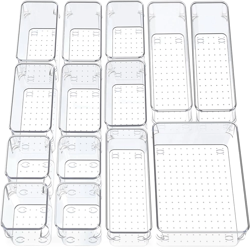 Smaziul 14 Pcs Clear Drawer Organiser with 4 sizes Desk Organizer ideal for organizing, cosmetics, makeup, jewelry, office supplies, bathroom accessories & much more